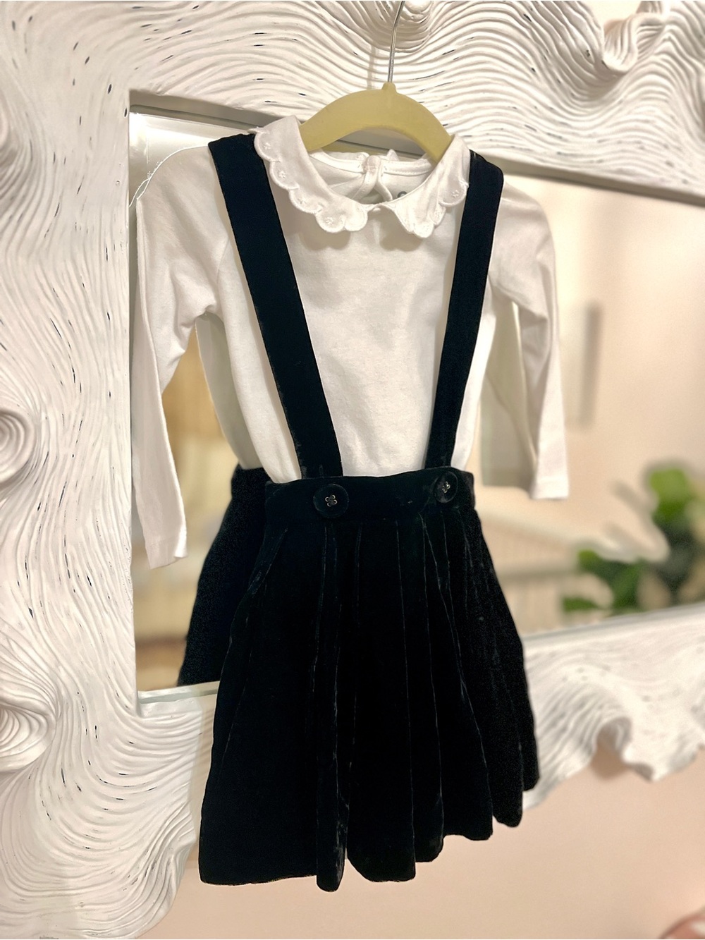 Rachel Riley London Eloise Black Velvet Pinafore with White Peter Pan Top